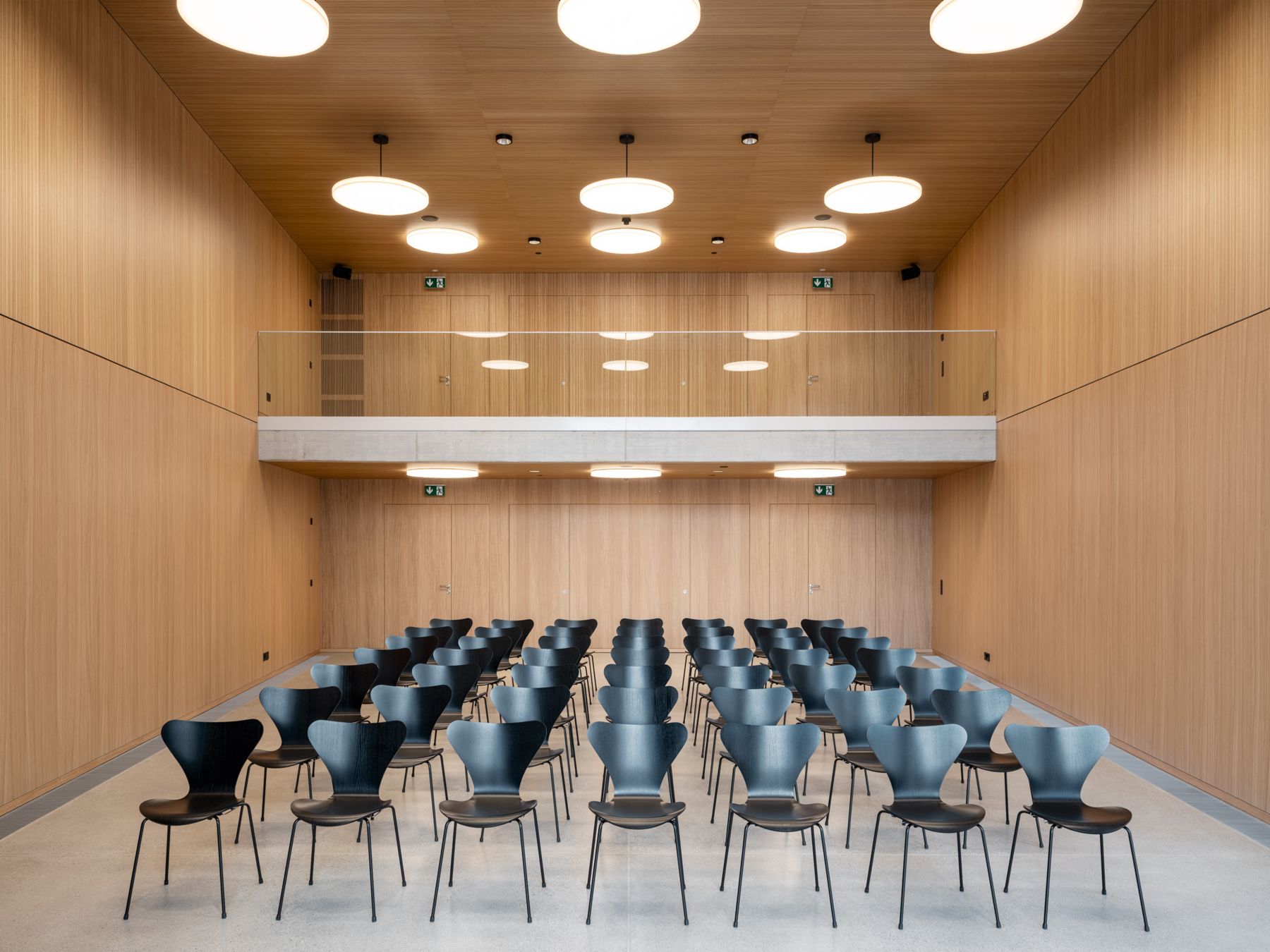 Primarschulhaus Riethüsli – Aula mit Holzverkleidung und doppelflügeliger Vollpaniktür